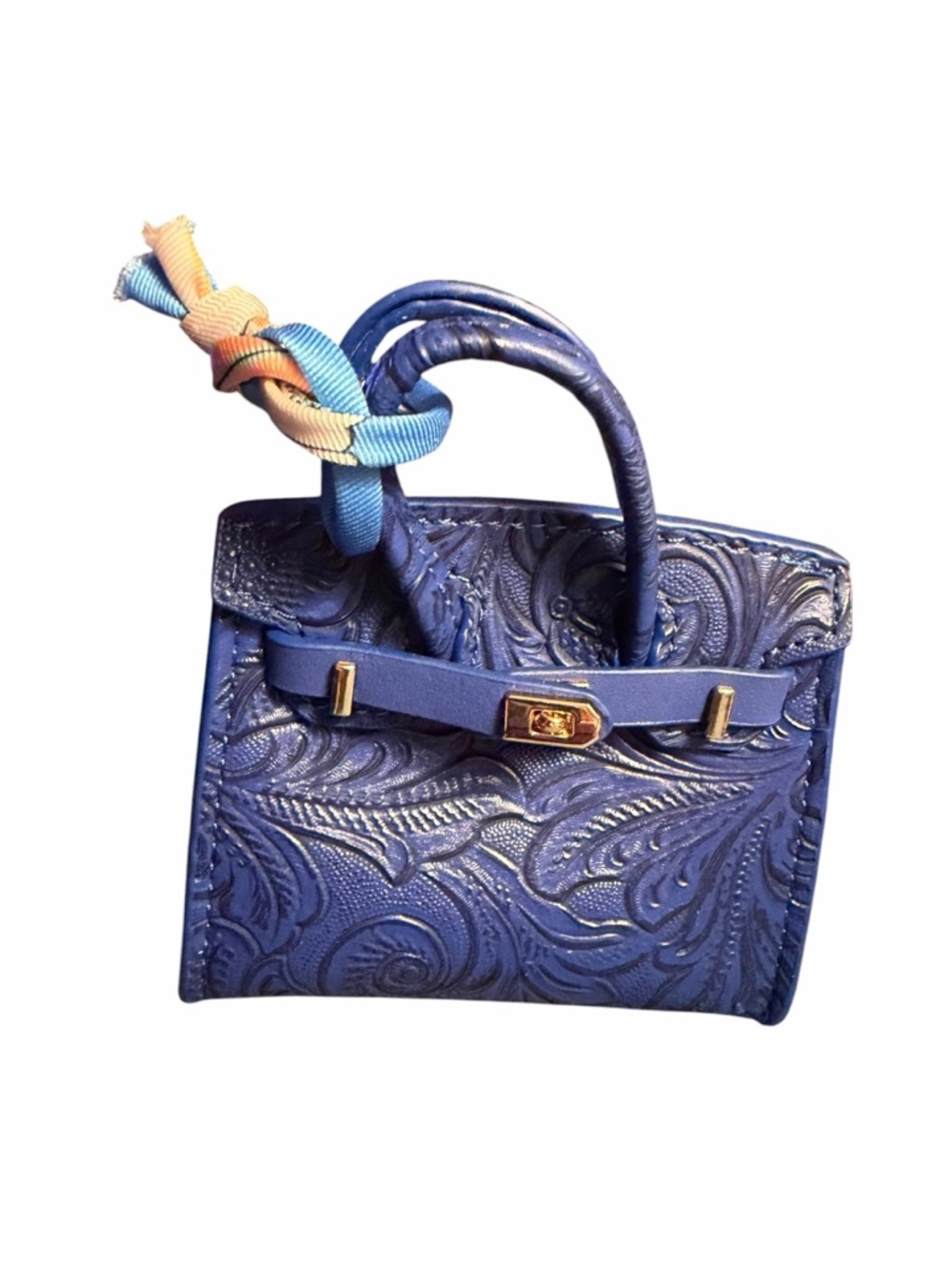 Embossed Navy Blue Leather Satchel with Scarf Accent